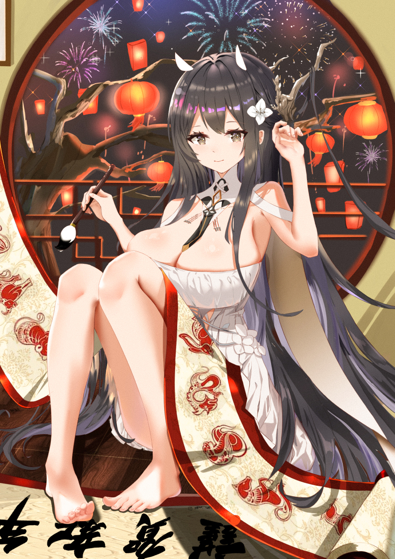 1girl aerial_fireworks azur_lane bare_shoulders black_hair breasts brown_eyes calligraphy_brush cleavage detached_sleeves dress fireworks flower full_body hair_between_eyes hair_flower hair_on_horn hair_ornament holding holding_brush indomitable_(azur_lane) indoors ksami lantern large_breasts long_hair looking_at_viewer paintbrush paper_lantern sitting sleeveless sleeveless_dress solo very_long_hair white_dress white_flower window