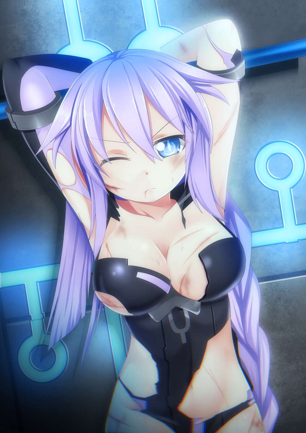 10s 1girl arms_behind_head arms_up bdsm blue_eyes bondage bound braid breasts cleavage cuts female_focus hair_ornament highres injury long_hair looking_at_viewer neptune_(neptunia) neptune_(series) one_eye_closed purple_hair purple_heart_(neptunia) restrained ryona solo symbol-shaped_pupils torn_clothes twin_braids very_long_hair yasume_yukito