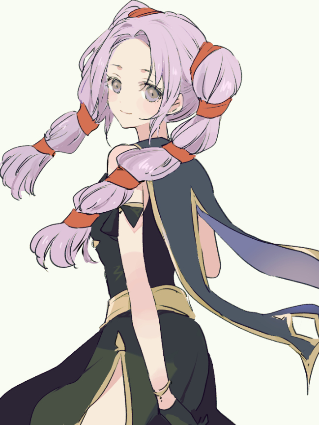 1girl black_dress black_gloves closed_mouth dress fire_emblem fire_emblem:_genealogy_of_the_holy_war gloves hair_ribbon long_hair looking_at_viewer looking_back multi-tied_hair nintendo purple_eyes purple_hair red_ribbon ribbon sleeveless sleeveless_dress smile solo tenjin_(ahan) tine_(fire_emblem) twintails white_background