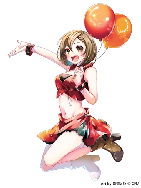 1girl :d artist_name balloon blush bob_cut boots brown_eyes brown_footwear brown_hair copyright_notice crop_top crypton_future_media full_body holding holding_balloon meiko_(vocaloid) meiko_(vocaloid3) miniskirt official_art open_mouth red_skirt red_wrist_cuffs shirayuki_towa simple_background skirt smile solo star_(symbol) teeth tongue vocaloid white_background wrist_cuffs