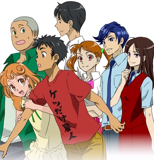 3girls 4boys anjou_naruko ano_hi_mita_hana_no_namae_wo_bokutachi_wa_mada_shiranai. arm_grab belt black_hair blue_hair brown_eyes brown_hair hisakawa_tetsudou honma_meiko long_hair matsuyuki_atsumu multiple_boys multiple_girls necktie orange_hair parody purple_eyes short_hair smile sweatdrop tsurumi_chiriko twintails yadomi_jinta