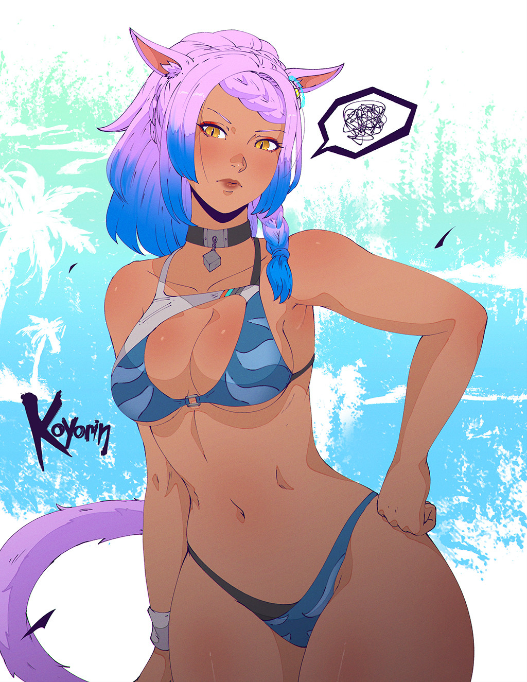 1girl animal_ears artist_name bikini black_choker blue_hair braid breasts cat_ears cat_tail choker cleavage cleavage_cutout clothing_cutout dark-skinned_female dark_skin eutrope_(ff14) final_fantasy final_fantasy_xiv hand_on_own_hip highres koyorin large_breasts long_hair miqo&#039;te multicolored_hair navel pink_hair slit_pupils solo speech_bubble swimsuit tail two-tone_hair yellow_eyes