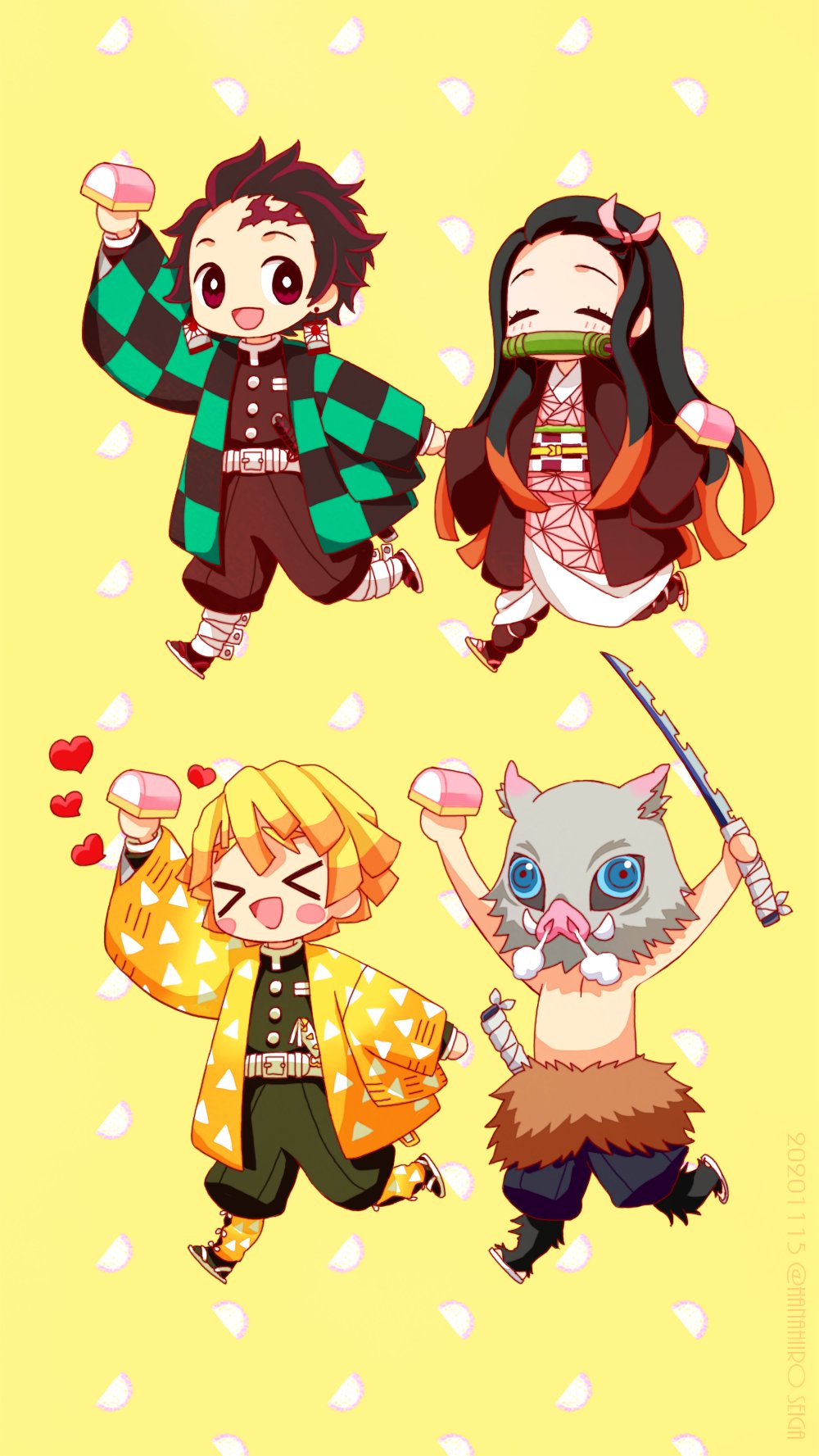 1girl 39cva 3boys agatsuma_zenitsu belt black_hair black_pants blonde_hair boar_mask brother_and_sister brown_eyes brown_hair checkered_clothes chibi closed_eyes food gag gagged gagged_(willingly) hair_ribbon hashibira_inosuke highres holding holding_food holding_weapon kamado_nezuko kamado_tanjirou kimetsu_no_yaiba multicolored_hair multiple_boys pants patterned_clothing red_hair ribbon running scroll siblings sword topless_male tusks two-tone_hair weapon yellow_background