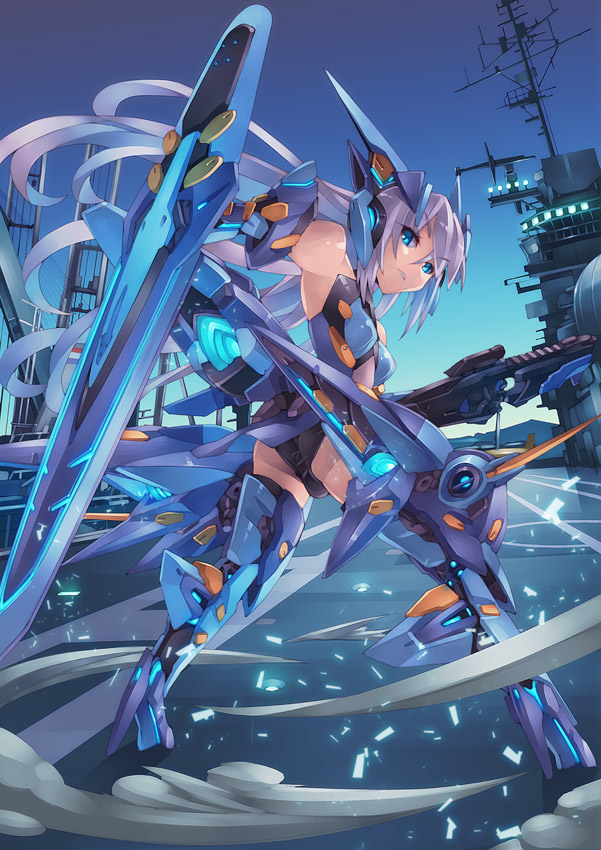 1girl aircraft_carrier armpits ass blue_eyes boots control_tower female_focus flight_deck high_heel_boots high_heels long_hair looking_back mecha_musume military military_vehicle million_arthur_(series) mk-5 original ship sky solo very_long_hair warship watercraft