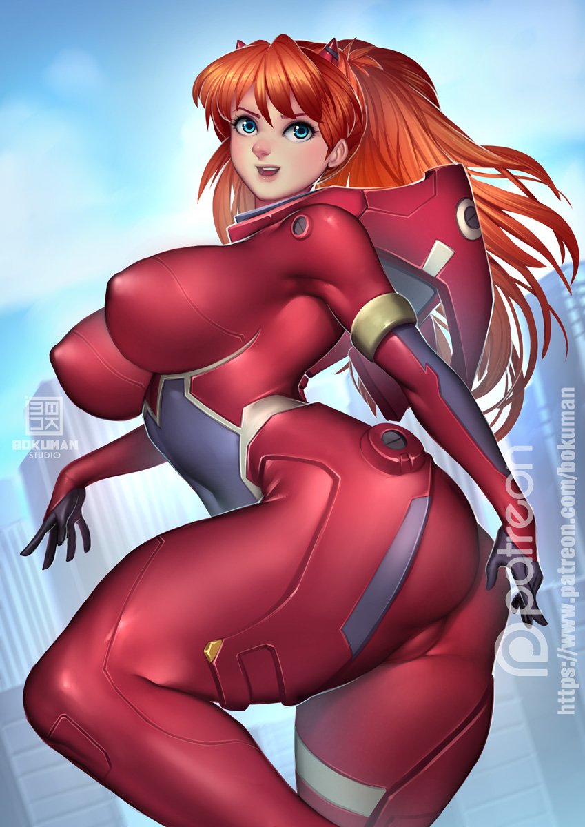 1girl alternate_breast_size ass blue_eyes bodysuit bokuman breasts cameltoe cosplay covered_erect_nipples curvy darling_in_the_franxx highres horns huge_ass large_breasts long_hair looking_at_viewer neon_genesis_evangelion open_mouth orange_hair pilot_suit red_bodysuit shiny_clothes skin_tight smile solo souryuu_asuka_langley wide_hips zero_two_(darling_in_the_franxx) zero_two_(darling_in_the_franxx)_(cosplay)