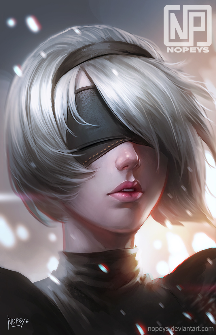 2b_(nier:automata) artist_logo artist_name black_blindfold black_dress black_hairband blindfold chromatic_aberration deviantart_username dress hairband lips logo nier:automata nier_(series) nopeys nose parted_lips portrait solo teeth turtleneck watermark web_address