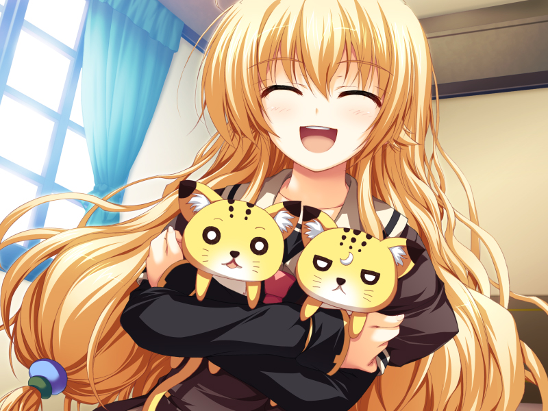 1girl akatsuki_no_goei blonde_hair cat closed_eyes female_focus game_cg hug kurayashiki_tae long_hair non-web_source open_mouth school_uniform smile solo tomose_shunsaku