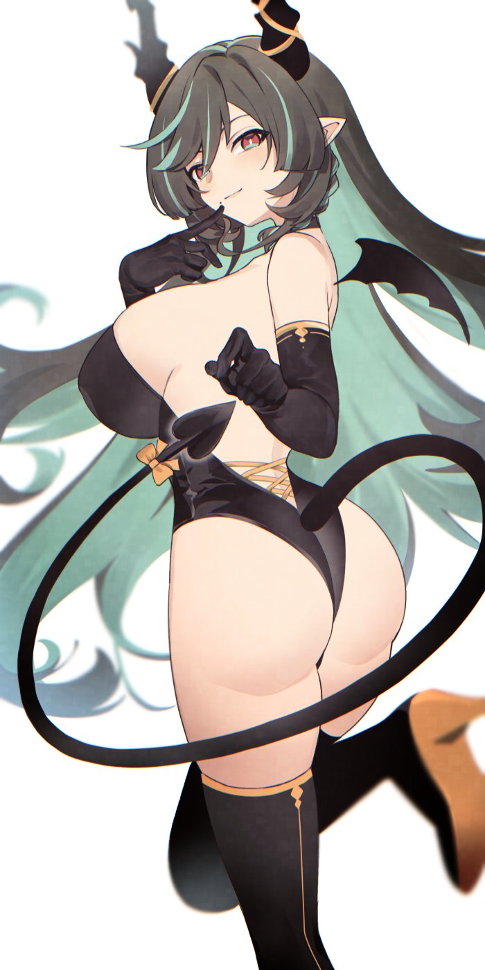 1girl ass backless_leotard black_hair boots breasts cleavage colored_inner_hair commentary demon_costume demon_tail demon_wings dragon_girl dragon_horns draph elbow_gloves fake_wings gloves granblue_fantasy green_hair halloween halloween_costume highres horns large_breasts leotard long_hair looking_back mole mole_under_mouth multicolored_eyes multicolored_hair payila_(granblue_fantasy) pointy_ears solo strapless strapless_leotard tail thigh_boots two-tone_eyes umeda_shiso very_long_hair wings