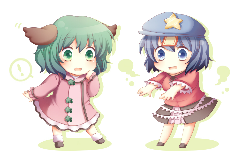 ! 2girls animal_ears bad_id bad_pixiv_id black_skirt blue_eyes blue_hair chibi dress female_focus green_eyes green_hair hat jiangshi kasodani_kyouko layered_skirt miyako_yoshika multiple_girls ofuda open_mouth outstretched_arms sanotsuki short_hair skirt star_(symbol) touhou zombie_pose