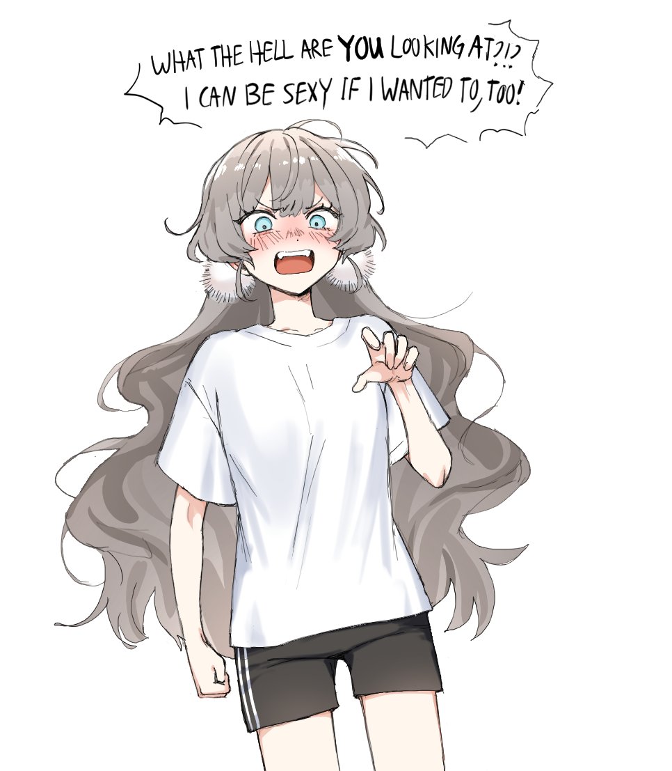 1girl black_shorts blue_eyes blush brown_hair commentary cowboy_shot english_commentary english_text long_hair looking_at_viewer nose_blush open_mouth original shirt short_sleeves shorts solo standing t-shirt tsu_(lovesick1964) very_long_hair white_shirt