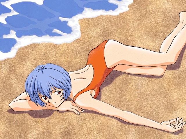 1990s_(style) 1girl artist_request ass ayanami_rei backless_swimsuit bare_back beach blue_hair closed_mouth curled_fingers day feet_out_of_frame from_above gainax hair_between_eyes head_on_arm head_rest light_smile looking_at_viewer looking_up lying neon_genesis_evangelion non-web_source ocean official_art on_ground on_stomach one-piece_swimsuit orange_one-piece_swimsuit outdoors outstretched_arm red_eyes retro_artstyle sand short_hair shoulder_blades smile solo sunbathing swimsuit