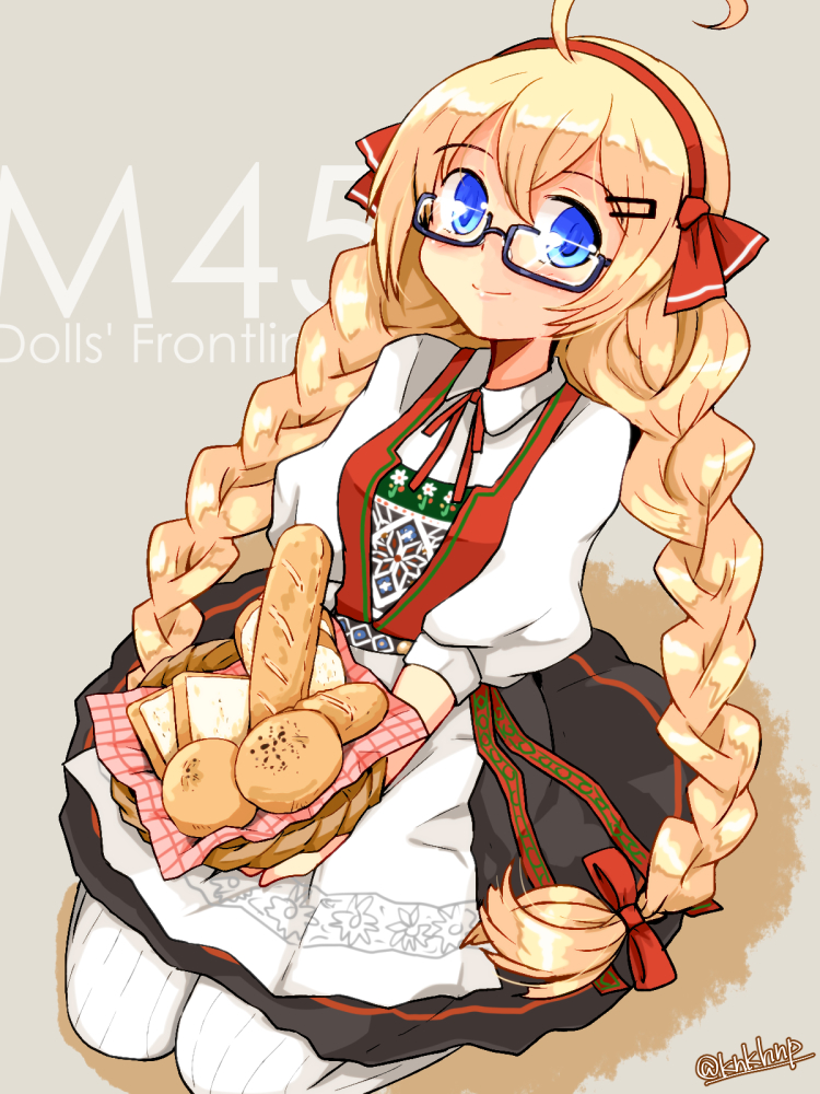 1girl apron artist_name baguette basket blonde_hair blouse blue_eyes braid bread bread_slice chamomile character_name floral_print food girls&#039;_frontline grey_background hairband kanoe_soushi long_hair looking_at_viewer m45_(girls&#039;_frontline) red_hairband shirt sitting smile solo sweden swedish_clothes twin_braids very_long_hair vest waist_apron wariza white_shirt