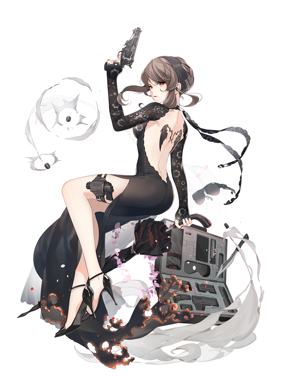 1girl backless_dress backless_outfit black_dress black_footwear black_nails black_tea_(food_fantasy) breasts briefcase brown_hair burnt_clothes closed_mouth dress food_fantasy full_body glass gun handgun high_heels highres holding holding_gun holding_umbrella holding_weapon holster knife long_hair looking_back nail_polish official_alternate_costume official_art red_eyes revolver solo thigh_holster third-party_source transparent_background umbrella unworn_eyewear weapon