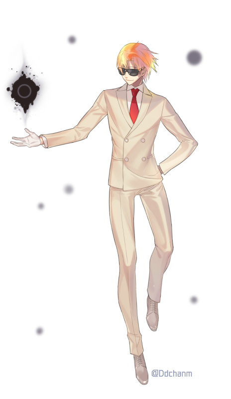 1boy bad_id bad_twitter_id buttons closed_mouth dd_(vktr4837) double-breasted energy_ball fate_(series) floating formal_clothes gloves koha-ace male_focus maxwell&#039;s_demon_(fate) necktie orange_hair red_necktie simple_background smile solo suit sunglasses twitter_username white_background white_gloves