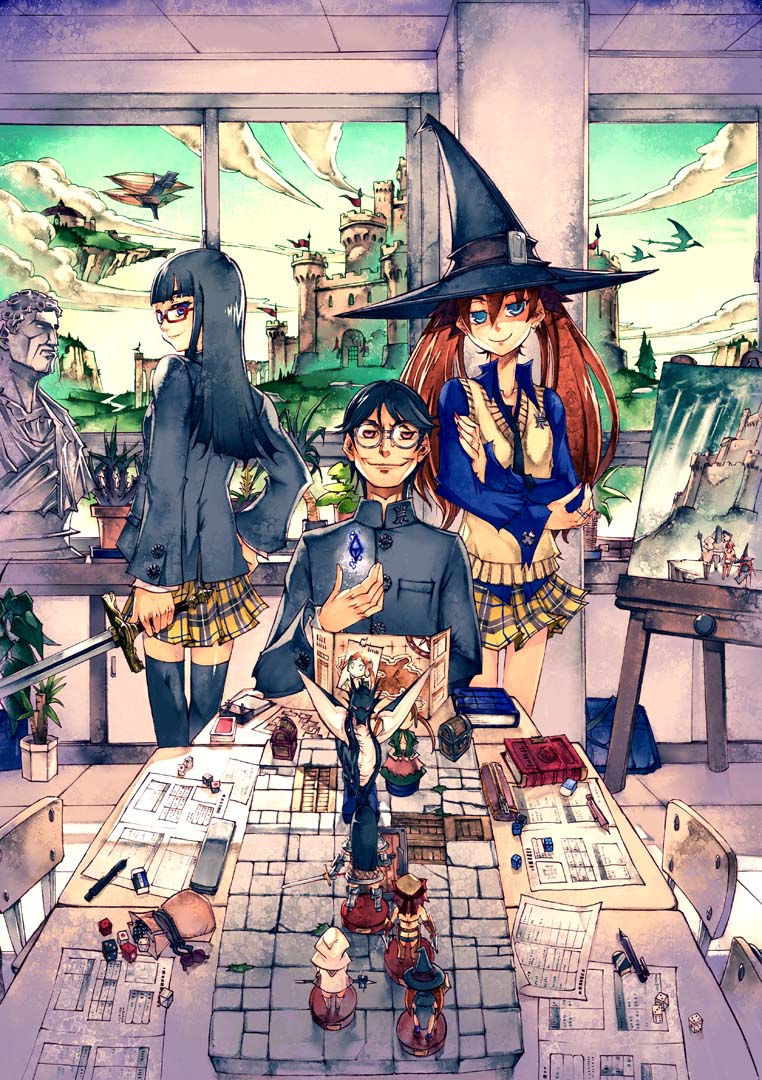 1boy 2girls canvas_(object) castle clubroom dice dragon dungeons_&amp;_dragons easel glasses hat mechanical_pencil multiple_girls original pencil round_eyewear school school_uniform skirt smug sword tabletop_rpg thighhighs weapon yoshida_tooru