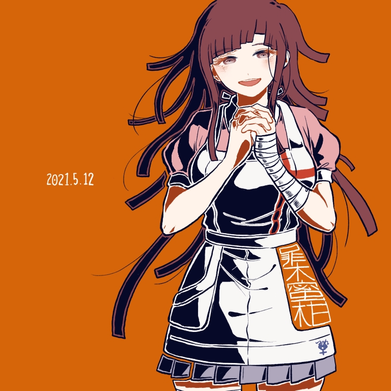 1girl :d apron bandaged_arm bandages blunt_bangs blush breasts brown_hair commentary_request cowboy_shot danganronpa_(series) danganronpa_2:_goodbye_despair interlocked_fingers kiri_(2htkz) long_hair looking_at_viewer nurse open_mouth orange_background own_hands_clasped own_hands_together puffy_short_sleeves puffy_sleeves short_sleeves simple_background skirt smile solo translation_request tsumiki_mikan uniform