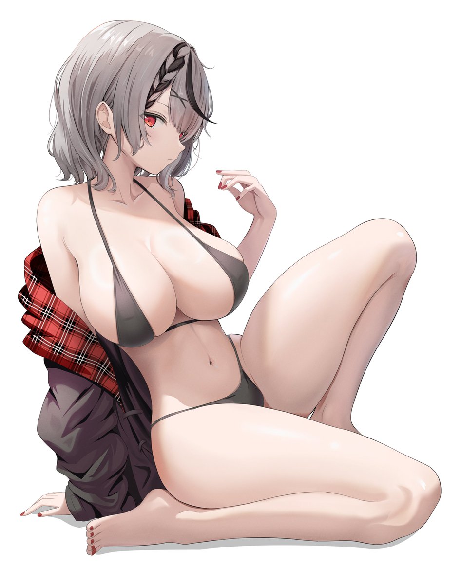 1girl arm_support bikini black_bikini black_hair breasts collarbone grey_hair highres hololive large_breasts looking_at_viewer medium_hair navel nekonosuke off_shoulder red_eyes red_nails sakamata_chloe simple_background sitting swimsuit thighs virtual_youtuber white_background