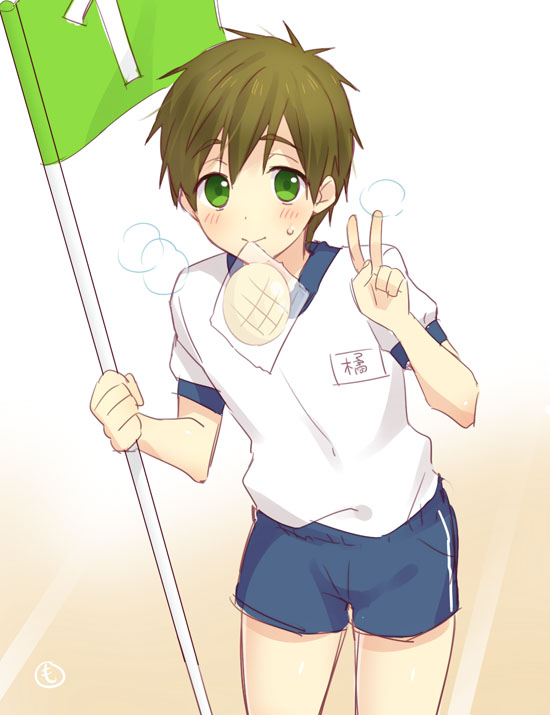 10s 1boy aged_down blue_shorts blush bread brown_hair child cowboy_shot flag food free! gradient_background green_eyes gym_shirt gym_shorts gym_uniform holding holding_flag looking_at_viewer male_focus melon_bread mo_(nmnme) mouth_hold name_tag numbered_flag shirt shirt_tucked_in short_hair short_sleeves shorts signature simple_background smile solo standing sweat tachibana_makoto v white_background white_shirt