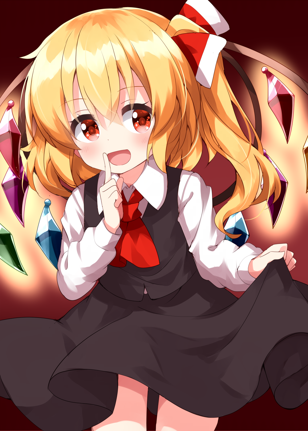 1girl ascot black_skirt black_vest blonde_hair blush collared_shirt cosplay crystal flandre_scarlet hair_between_eyes highres long_hair long_sleeves open_mouth red_ascot red_eyes rumia rumia_(cosplay) ruu_(tksymkw) shirt side_ponytail skirt smile solo touhou vest white_shirt wings