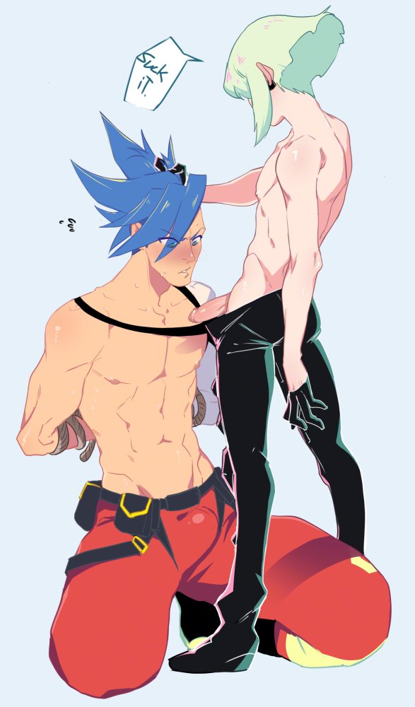 2boys abs arms_behind_back belt belt_pouch black_belt black_gloves black_pants blue_eyes blue_hair blush boots bound bound_arms collarbone domination english_text erection flying_sweatdrops full_body galo_thymos gloves green_hair groin hair_behind_ear hand_in_another&#039;s_hair kukumomo lio_fotia looking_at_penis male_focus multiple_boys navel nervous_sweating nipples open_pants pants parted_lips pectorals penis pouch promare red_pants short_hair simple_background speech_bubble standing sweat toned toned_male topless_male white_background yaoi