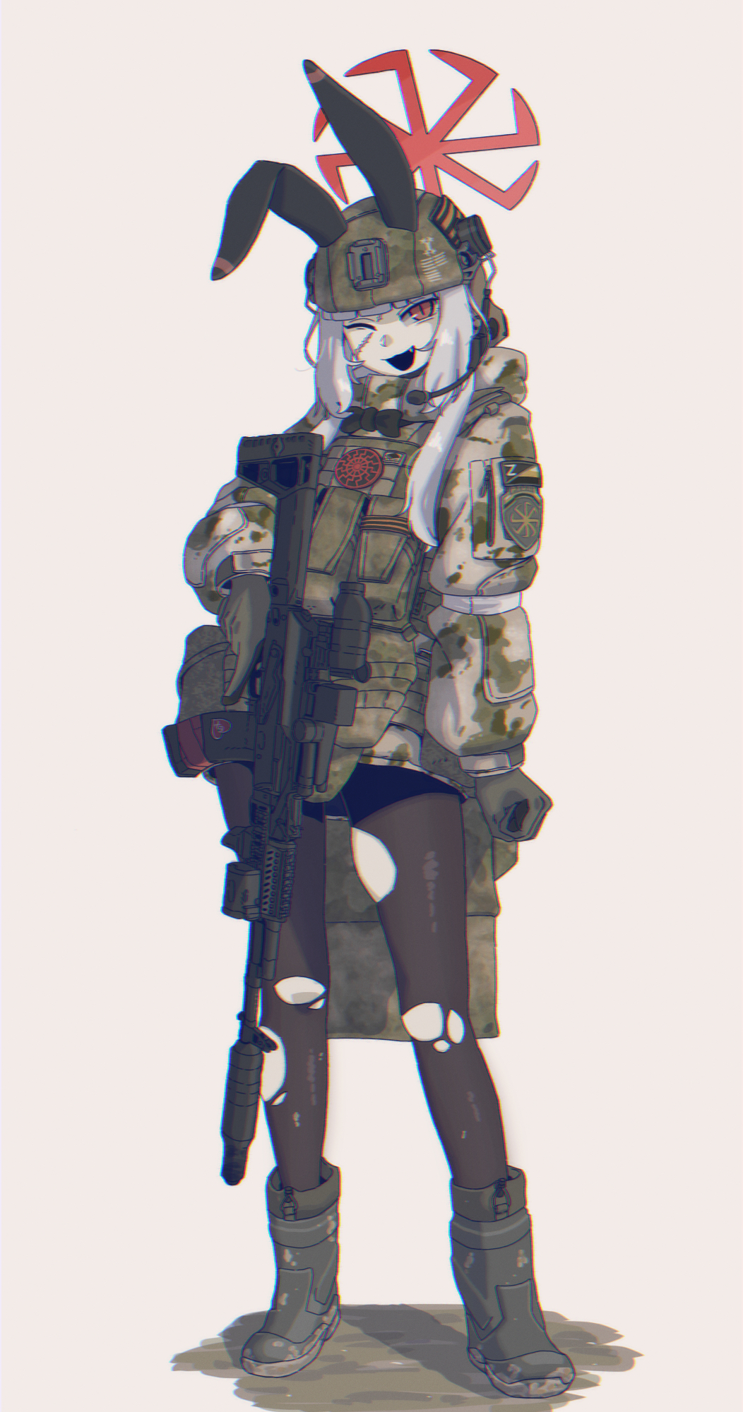 1girl :d ak-200 animal_ears assault_rifle b1-517 black_sun blue_archive blue_eyes body_armor boots combat_helmet cross_of_saint_george full_body gloves green_gloves gun halo headset helmet highres kolovrat_(symbol) load_bearing_vest military_combat_uniform one_eye_closed open_mouth original pantyhose rabbit_ears rifle rusich_group russian_ground_forces scar scar_on_face scope simple_background smile solo standing sun suppressor torn_clothes torn_pantyhose wagner_group weapon white_hair z_(russian_symbol)