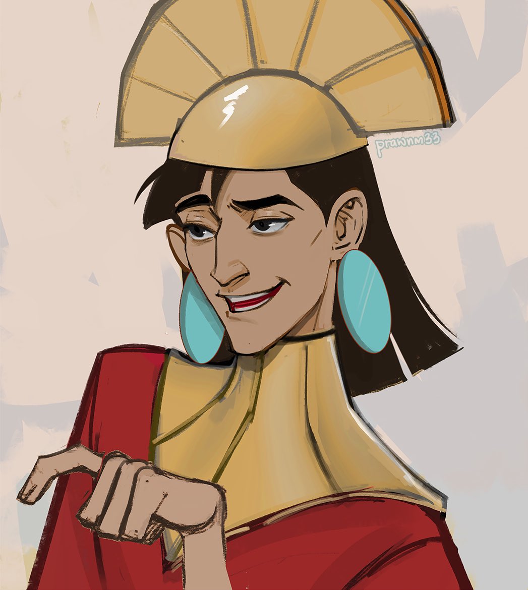 1boy arm_up artist_name black_eyes black_hair commentary crown disney earrings english_commentary jewelry kuzco looking_ahead male_focus medium_hair mistermagnolia open_mouth peruvian_clothes pointing raised_eyebrow red_robe robe smile solo teeth the_emperor&#039;s_new_groove upper_body