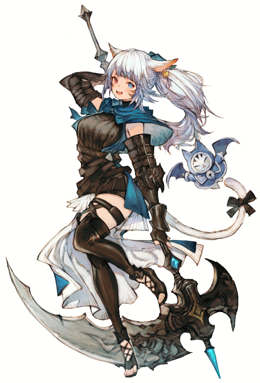 1girl :d animal_ears arm_behind_head warrior_of_light_(ff14) belt black_footwear black_jacket blue_eyes blue_hair blunt_bangs boots bow cat_ears cat_girl cat_tail commission earrings facial_mark final_fantasy final_fantasy_xiv fingerless_gloves from_side full_body gaelicat gauntlets gloves hair_ribbon heterochromia highres holding holding_scythe holding_weapon jacket jewelry kemomin_nosuke leg_up legwear_garter long_hair looking_at_viewer miqo&#039;te open_mouth ponytail reaper_(final_fantasy) red_eyes ribbon scythe simple_background single_earring skeb_commission sleeveless sleeveless_jacket smile solo standing standing_on_one_leg tail tail_bow tail_ornament thigh_boots toeless_footwear turtleneck weapon white_background