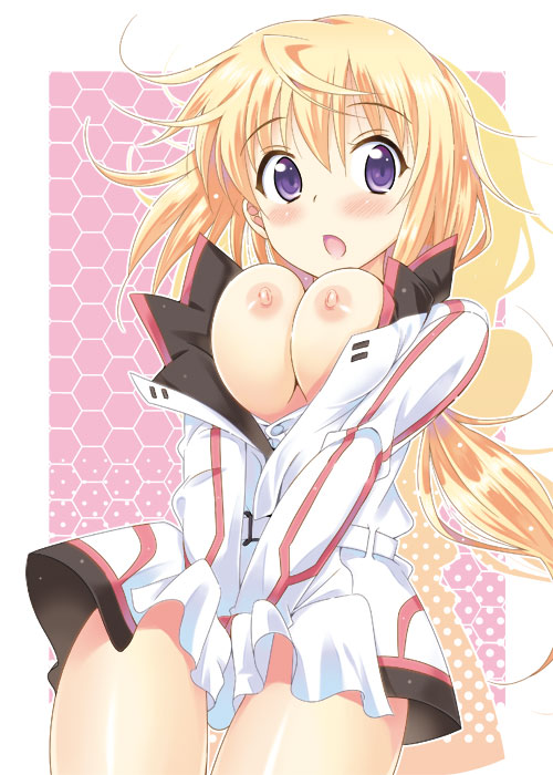 10s blonde_hair blush breasts charlotte_dunois clothes_pull covering_privates embarrassed infinite_stratos large_breasts nipples open_clothes open_mouth open_shirt purple_eyes sabano_niwatori shirt shirt_pull wardrobe_malfunction