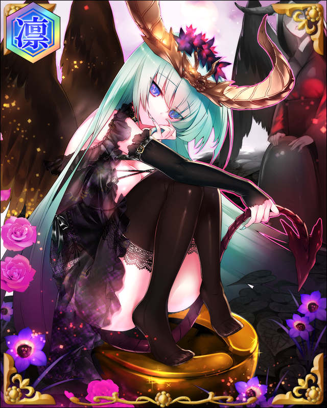 1girl black_dress black_wings blue_eyes demon_tail dress flower game_cg grey_hair hair_flower hair_ornament hugging_own_legs kneehighs long_hair looking_at_viewer munlu_(wolupus) official_art see-through_clothes sengoku_bushouki_muramasa sitting smile socks solo tail toilet tokugawa_hidetada_(sengoku_bushouki_muramasa) wings