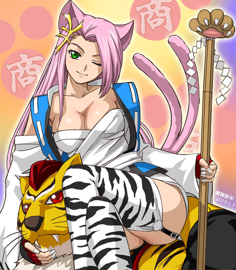 10s 1girl 2010 animal_ears banpresto breasts cat_ears cat_tail cleavage gohei green_eyes haruyama_kazunori koma_(srw) large_breasts lee_(endless_frontier) crossed_legs long_hair multiple_tails new_year one_eye_closed pink_hair red_eyes sitting super_robot_wars super_robot_wars_og_saga_mugen_no_frontier tail thighhighs tiger wink