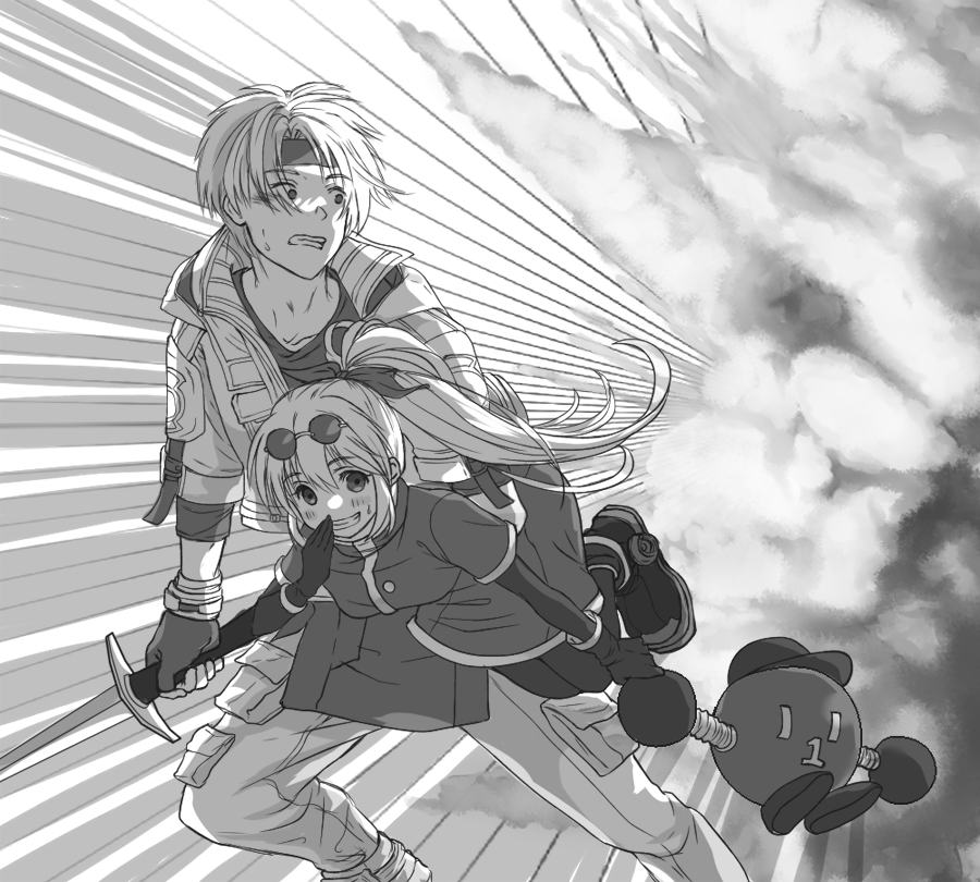 1boy 1girl akira_(kanadomeakira62) blush claude_c._kenny explosion eyewear_on_head gloves greyscale headband holding holding_sword holding_weapon jacket long_hair monochrome open_mouth pantyhose ponytail precis_neumann robot skirt smile star_ocean star_ocean_the_second_story sword weapon