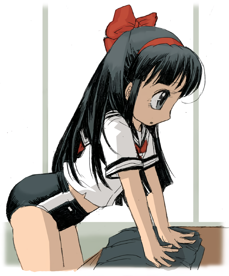 1girl all_fours anus ass bent_over black_hair breasts changing_clothes classroom from_behind grey_eyes hair_ribbon legs long_hair midriff nakoruru ribbon samurai_spirits school school_uniform skirt small_breasts snk solo the_king_of_fighters thighs