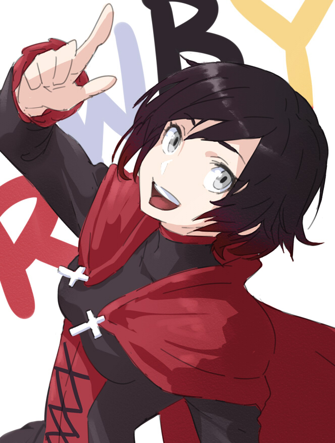 1girl black_hair cape corset dress female_focus gradient_hair grey_eyes looking_at_viewer multicolored_hair muzy pointing pointing_up red_hair ruby_rose rwby smile solo