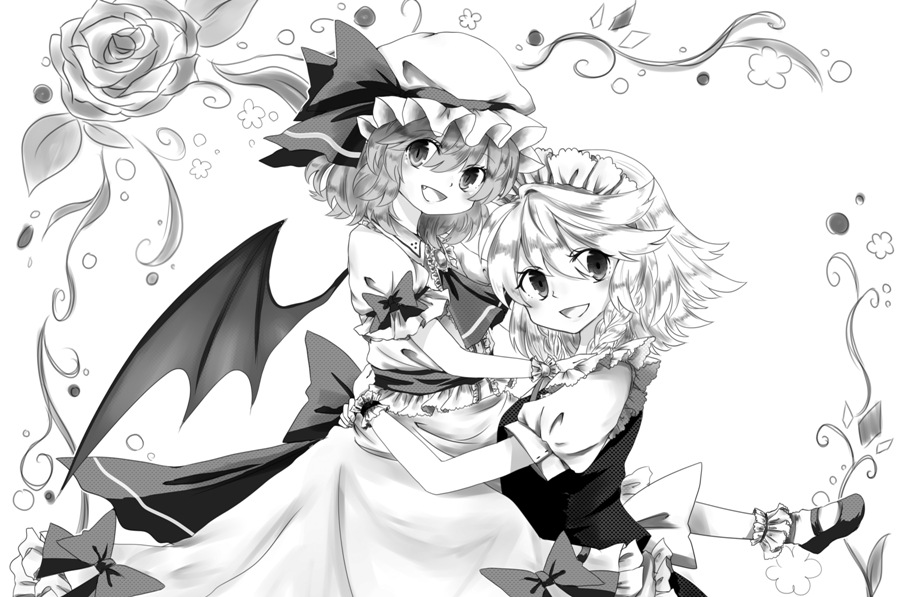 2girls ascot bat_wings braid brooch dress fang flower greyscale hat hat_ribbon hug izayoi_sakuya jewelry looking_at_viewer looking_back maid maid_headdress maru_usagi monochrome multiple_girls open_mouth puffy_sleeves remilia_scarlet ribbon rose sash shirt short_sleeves skirt skirt_set smile touhou twin_braids wings wrist_cuffs