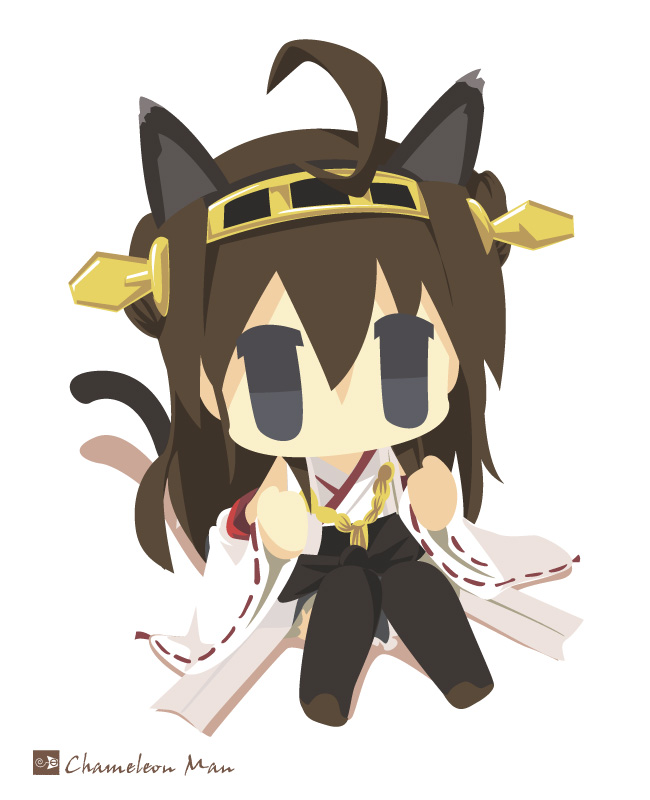 10s 1girl ahoge animal_ears artist_name bad_id bad_pixiv_id black_eyes brown_hair cat_ears cat_tail chameleon_man_(three) chibi detached_sleeves double_bun female_focus flat_color hair_bun hairband kantai_collection kemonomimi_mode kongou_(kancolle) long_hair looking_at_viewer no_lineart nontraditional_miko ribbon-trimmed_sleeves ribbon_trim simple_background sitting solo tail thighhighs white_background