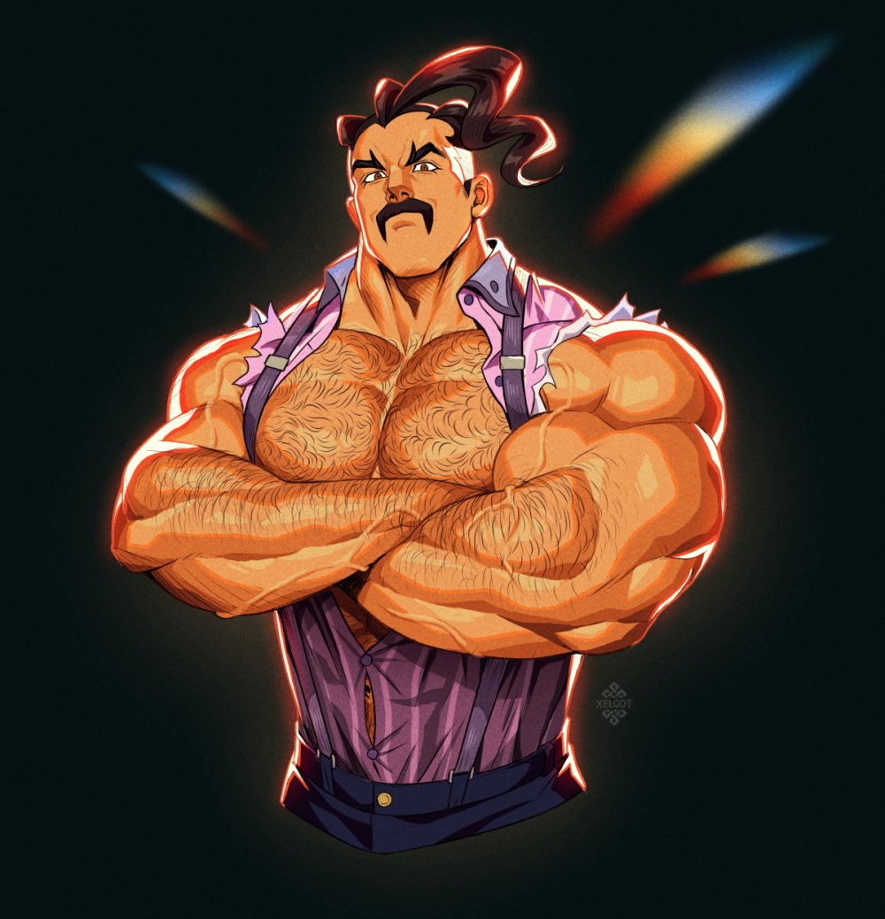 1boy arm_hair artist_logo artist_name bara bare_pectorals biceps black_hair brown_eyes chest_hair collared_shirt creatures_(company) crossed_arms facial_hair feet_out_of_frame game_freak hairy large_pectorals light light_rays looking_at_viewer male_focus manly mature_male muscular muscular_arms muscular_male mustache nintendo open_clothes open_shirt pants partially_unbuttoned pectorals pokemon pokemon_sv saguaro_(pokemon) shirt short_hair simple_background solo thick_eyebrows tight_clothes torn_clothes veins veiny_arms xelgot