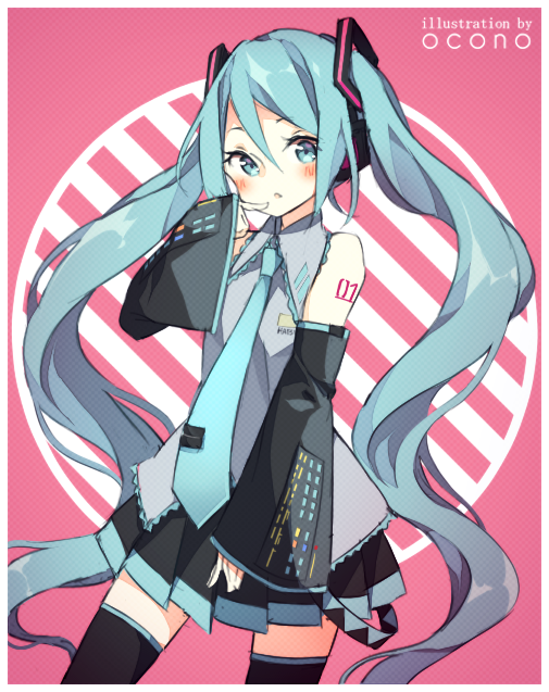 1girl aqua_eyes aqua_hair artist_name bad_id bad_pixiv_id blush cowboy_shot detached_sleeves female_focus finger_to_mouth green_hair hatsune_miku headset long_hair necktie okono pink_background pleated_skirt skirt solo tattoo tie_clip twintails very_long_hair vocaloid