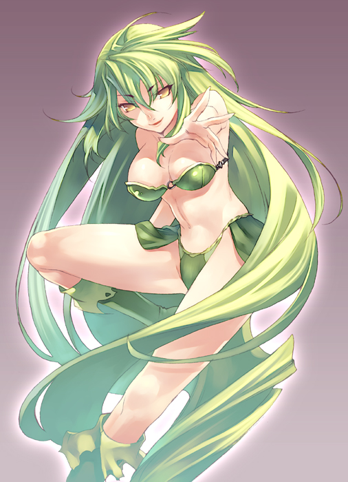 1990s_(style) 1girl absurdly_long_hair armor barbariccia bikini bikini_armor boots bra fantasy female_focus fighting_stance final_fantasy final_fantasy_iv green_bikini green_footwear green_hair green_panties green_theme hirano_katsuyuki leg_lift legs lingerie long_hair long_legs panties retro_artstyle solo swimsuit thighs underwear very_long_hair yellow_eyes