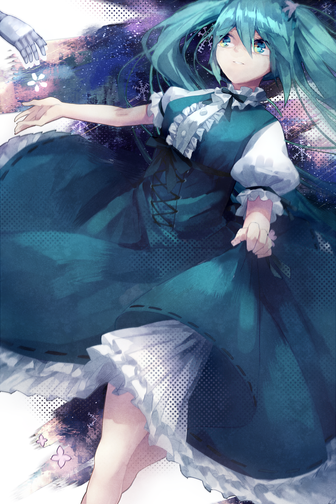 1girl aqua_eyes aqua_hair bad_id bad_pixiv_id blue_dress clothes_lift dress dress_lift female_focus frilled_dress frills hatsune_miku legs long_dress long_hair looking_at_viewer lyodi outstretched_hand puffy_sleeves short_sleeves sketch skirt_hold solo twintails very_long_hair vocaloid voice_(vocaloid)