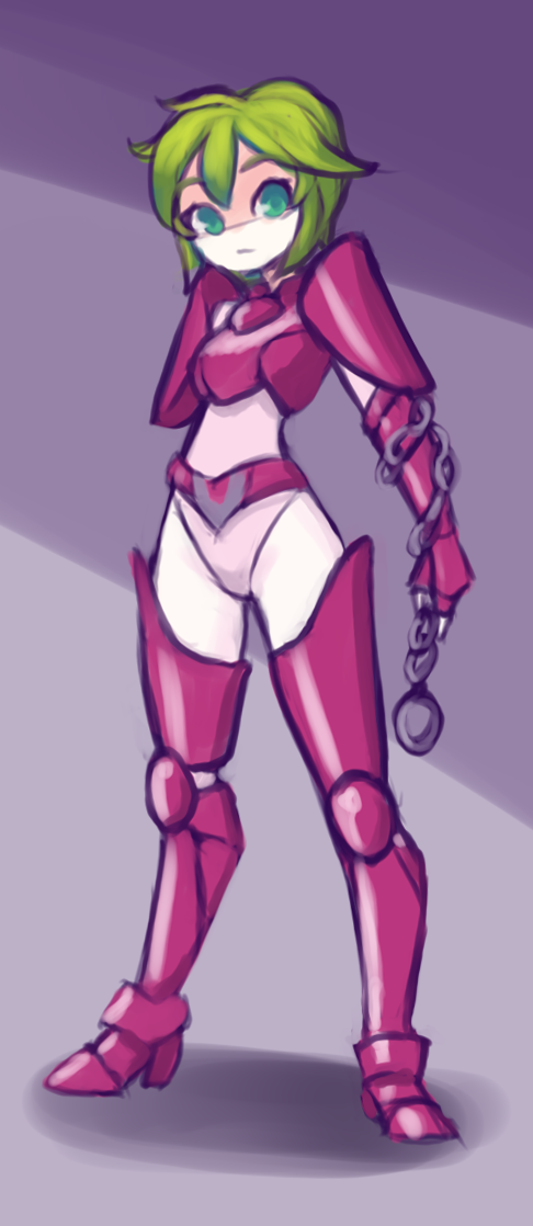 1girl andromeda_shun armor belt bodysuit boots chain drantyno genderswap genderswap_(mtf) gloves green_eyes green_hair grey_background looking_at_viewer pink_armor pink_belt pink_bodysuit pink_footwear pink_gloves saint_seiya short_hair shoulder_pads standing thigh_boots