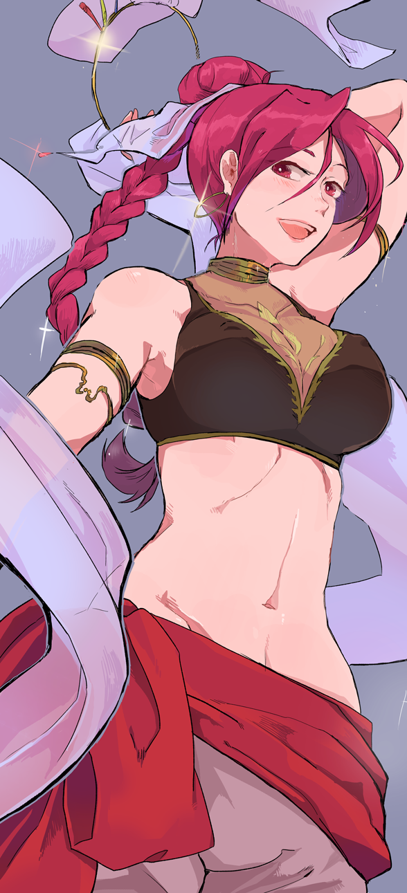 1girl braid braided_ponytail breasts choker dancer dancing fire_emblem fire_emblem:_the_sacred_stones hair_bun highres ika_(hinatu1992) large_breasts long_hair midriff navel nintendo open_mouth pantyhose red_eyes red_hair single_hair_bun solo tethys_(fire_emblem)