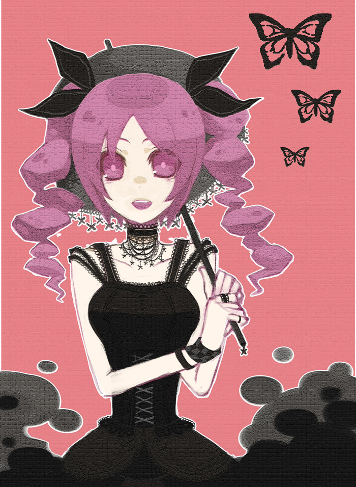 1girl bad_id bad_pixiv_id bracelet breasts bug butterfly chibii choker corset female_focus hair_ribbon insect jewelry parasol purple_eyes purple_hair ribbon ring shiki_(novel) shimizu_megumi simple_background smile solo twintails umbrella wristband