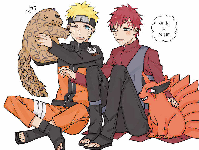 2boys anger_vein angry black_sclera blonde_hair blue_eyes blush colored_sclera feet forehead_protector gaara_(naruto) green_eyes itslulu42 kurama_(naruto) male_focus multiple_boys naruto_(series) naruto_shippuuden open_mouth red_eyes red_hair sandals shukaku_(naruto) sitting smile toes uzumaki_naruto white_background yellow_eyes