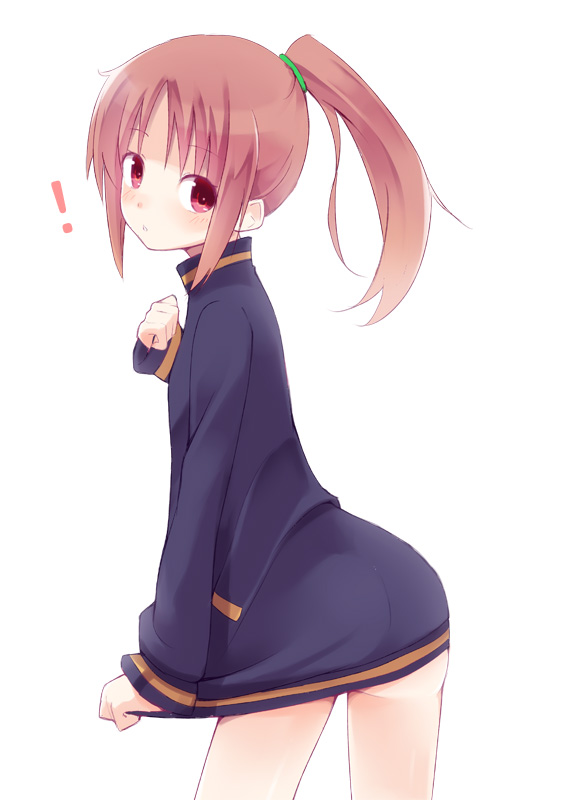 ! 10s 1girl ass bad_id bad_pixiv_id bare_legs blush bottomless brown_hair female_focus jacket kyuri long_sleeves looking_back naked_jacket no_panties no_pants ponytail red_eyes saki saki_(manga) saki_achiga-hen simple_background solo takakamo_shizuno track_jacket