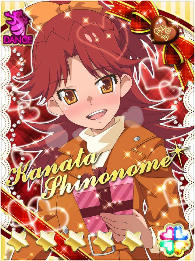 1girl :d akb0048 belt belt_buckle blush bow box breath brown_belt brown_bow brown_jacket buckle candy card_(medium) character_name chocolate chocolate_heart copyright_name dutch_angle food gift gift_box hair_bow heart heart-shaped_food high_ponytail holding holding_gift jacket long_hair looking_at_viewer non-web_source official_art open_mouth plaid_background red_background red_hair shinonome_kanata smile solo sparkle star_(symbol) teeth upper_body upper_teeth_only