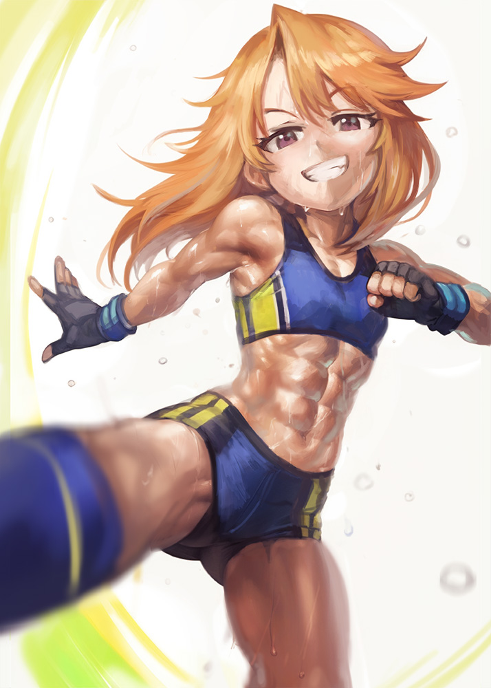 1girl abs armpits blue_bra blue_buruma blue_gloves bra brown_eyes buruma clenched_hand fingerless_gloves gloves gluteal_fold grin high_kick idolmaster idolmaster_cinderella_girls kicking looking_at_viewer muscular muscular_female open_mouth orange_hair partially_fingerless_gloves simple_background smile solo sports_bra sweat teeth underwear yilx yuuki_haru