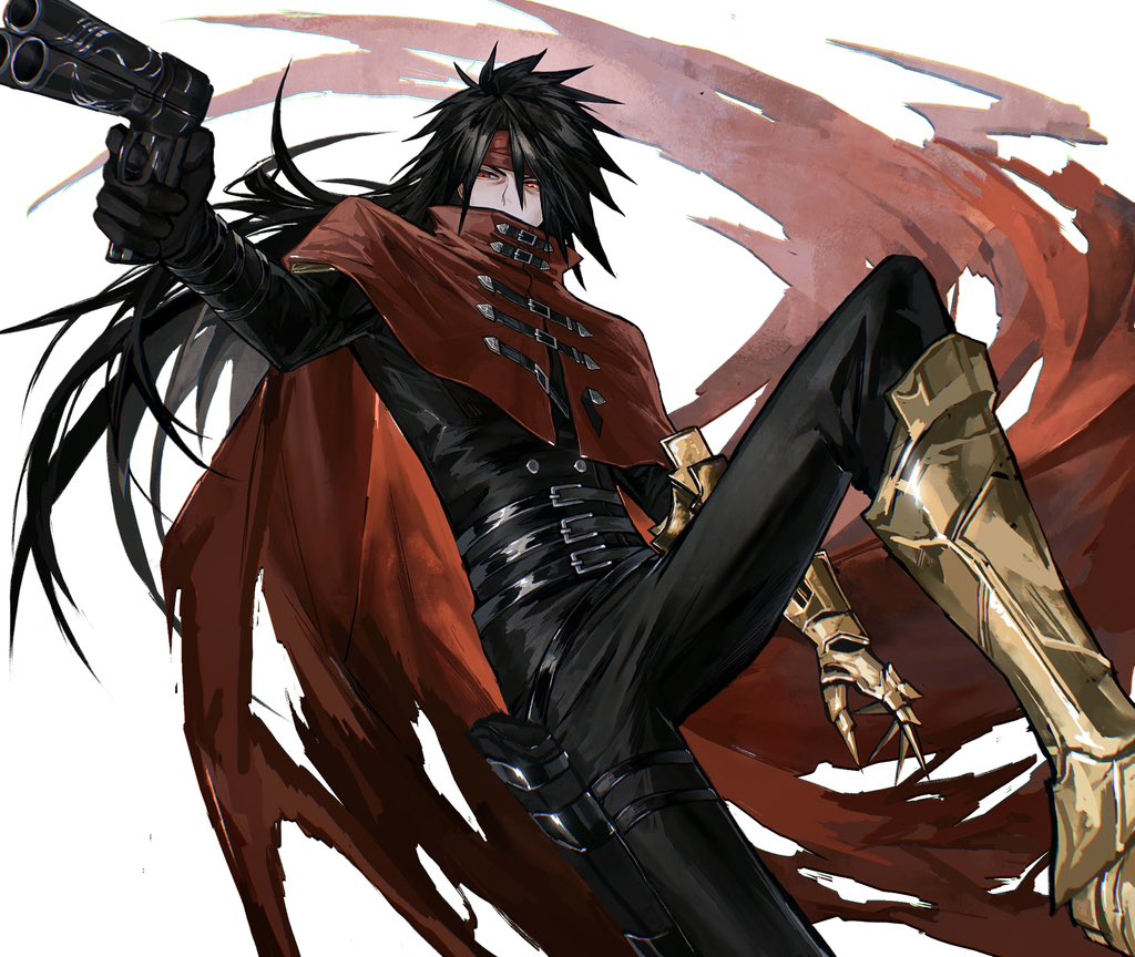 1boy armor armored_boots belt black_gloves black_hair black_pants black_shirt bonley boots clawed_gauntlets cloak feet_out_of_frame final_fantasy final_fantasy_vii final_fantasy_vii_rebirth final_fantasy_vii_remake gloves gold_armor gun hair_between_eyes headband holding holding_gun holding_weapon long_hair male_focus multiple_belts pants red_cloak red_eyes red_headband shirt solo torn_cloak torn_clothes vincent_valentine weapon white_background