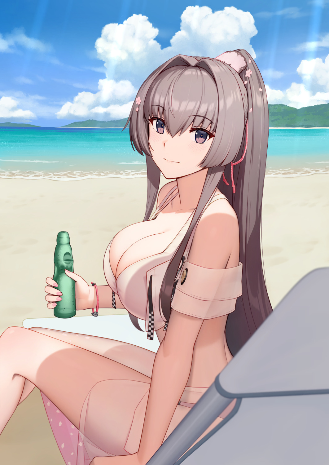 1girl beach beach_chair bikini blue_sky blush bottle breasts brown_hair cleavage cloud commentary_request day flower hair_between_eyes hair_flower hair_ornament hair_ribbon highres holding kantai_collection large_breasts long_hair looking_at_viewer ocean outdoors pink_flower pink_nails ponytail porupurucha ramune ribbon sky solo swimsuit white_bikini yamato_(kancolle) yamato_kai_ni_(kancolle) yamato_kai_ni_(swimsuit_mode)_(kancolle)