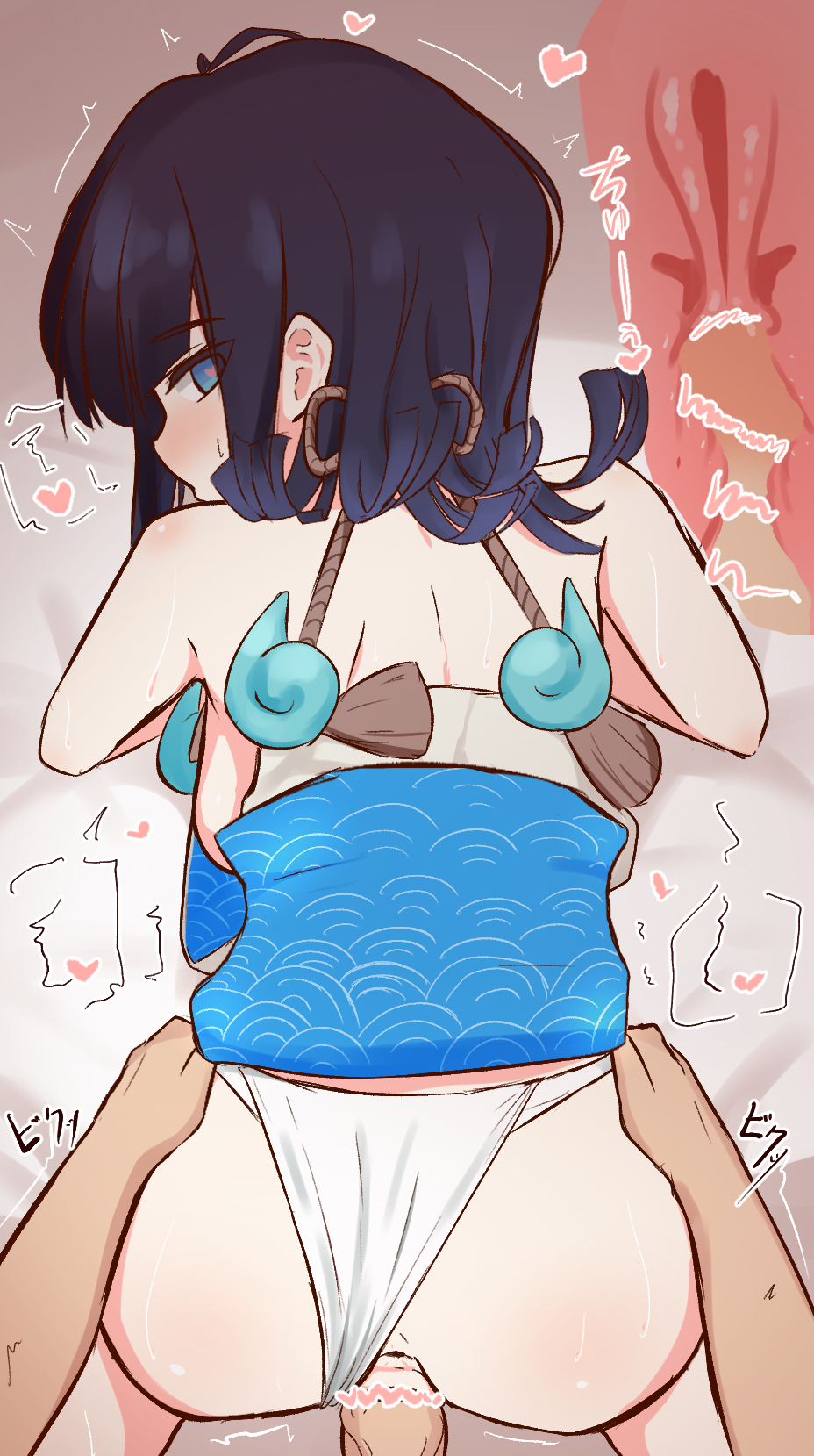 1boy 1girl all_fours ass ass_grab back bare_shoulders black_hair blue_eyes blush breasts clothes_lift clothing_aside collarbone cross-section doggystyle donutman dress dress_lift fate/grand_order fate/requiem fate_(series) fundoshi fundoshi_aside heart heart-shaped_pupils hetero highres japanese_clothes jewelry large_breasts looking_at_viewer looking_back magatama medium_hair necklace pelvic_curtain penis pussy seigaiha sex sex_from_behind short_dress sideboob sideless_outfit symbol-shaped_pupils two-sided_fabric two-sided_skirt utsumi_erice utsumi_erice_(lancer) vaginal white_dress