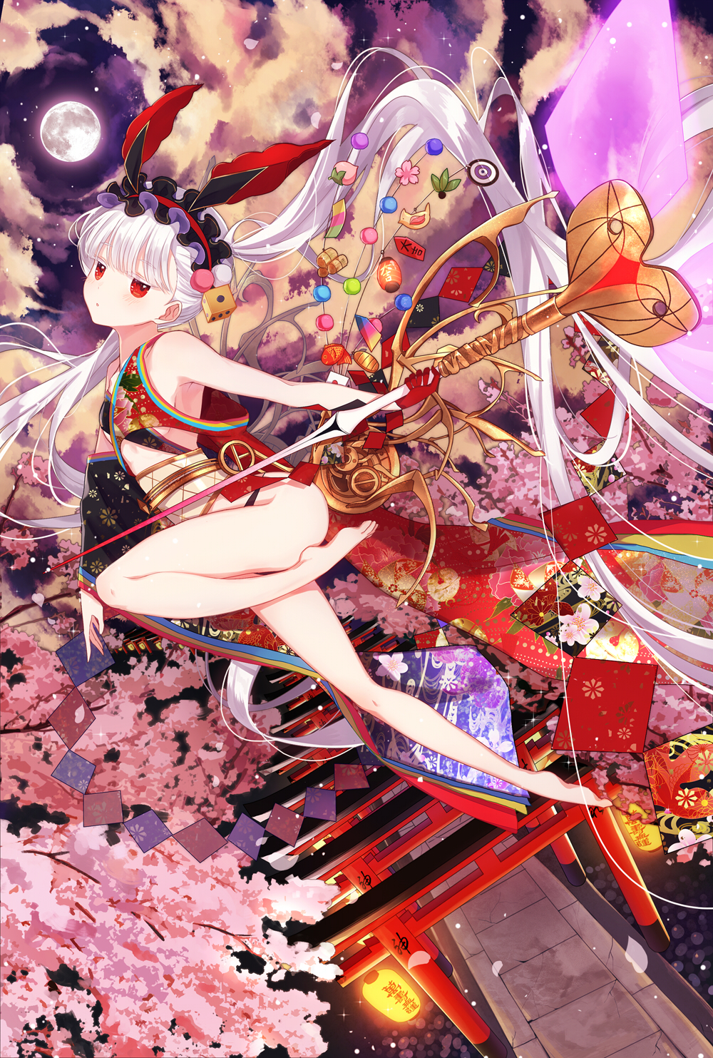 1girl absurdly_long_hair ass bare_shoulders barefoot blunt_bangs blush breasts cherry_blossoms cloud colored_eyelashes cotton_(congcotton) detached_sleeves dice_hair_ornament eyebrows female_focus floral_print from_side full_body full_moon gloves hair_ornament hairband head_tilt highres holding holding_staff jitome kaku-san-sei_million_arthur lantern lolita_hairband long_hair million_arthur_(series) moon night night_sky obi outdoors outstretched_arm paper_lantern parted_lips path petals red_eyes red_gloves road sash single_sleeve sky small_breasts solo staff torii twintails uasaha very_long_hair white_hair